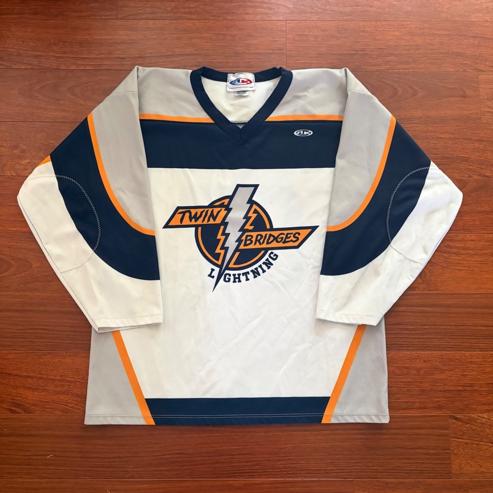 Vintage 90s Mens Hockey Jersey Large Twin Bridges Lightning Canada White Blue AK